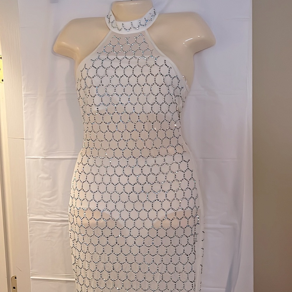 New Ladies sexy White sequined club sheer halter dress size Large